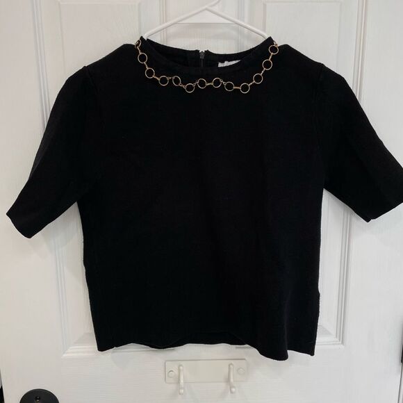 ZARA Knit Black Cropped Short Sleeve Chain Detail Collar Top Women’s Size S - Picture 1 of 8